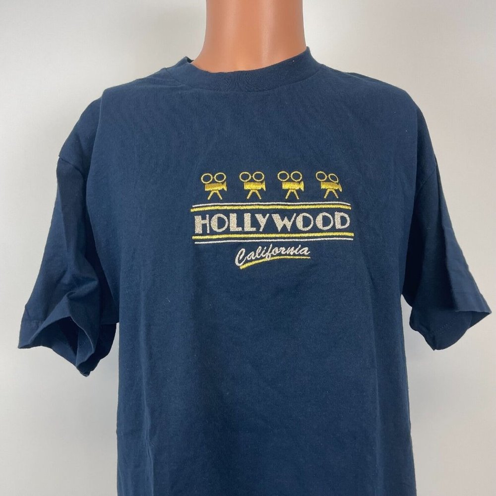 Hollywood California Embroidered T Shirt Vtg 90s Blue Size L